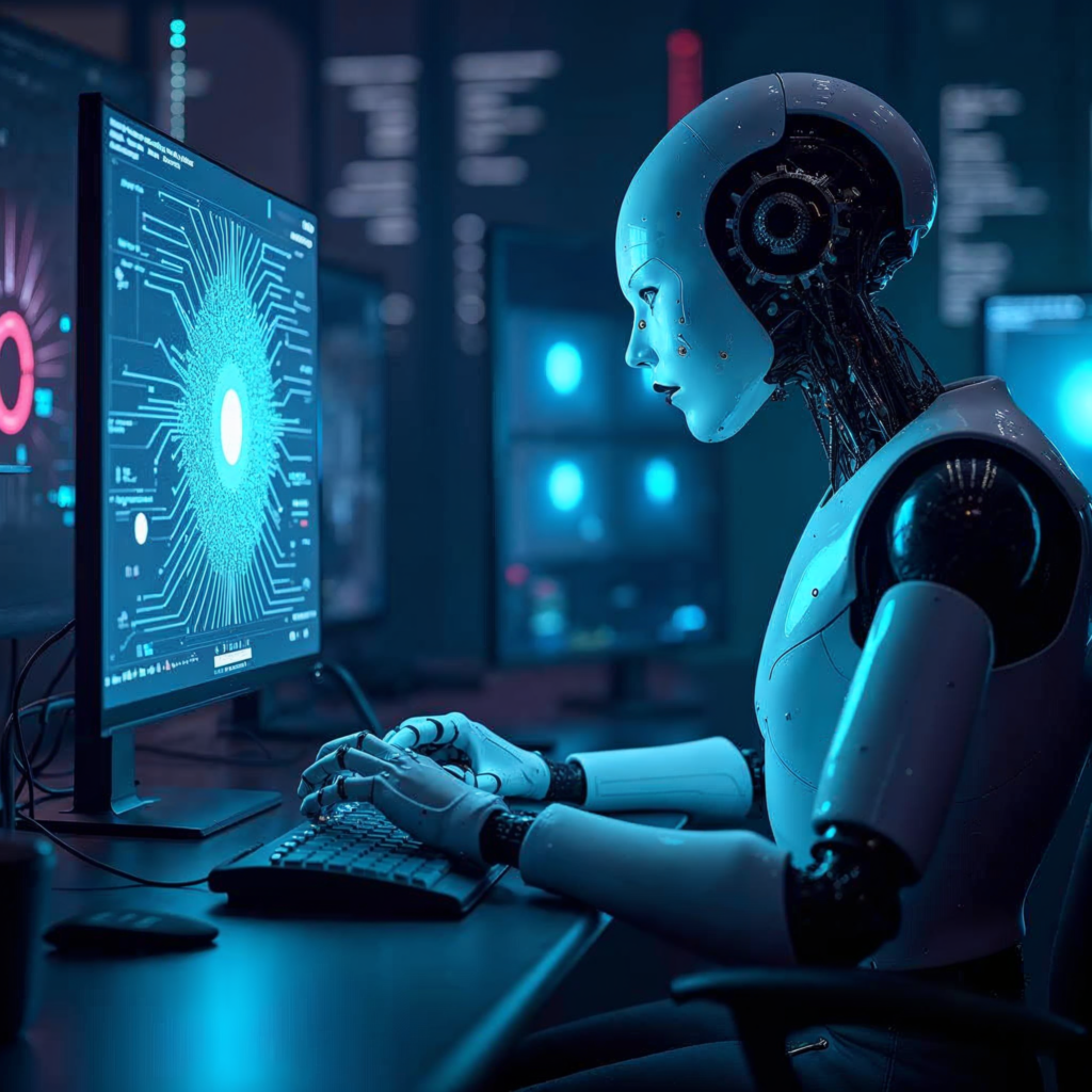 GPT-5.4 autonomous AI agent working on a computer in a futuristic digital workspace