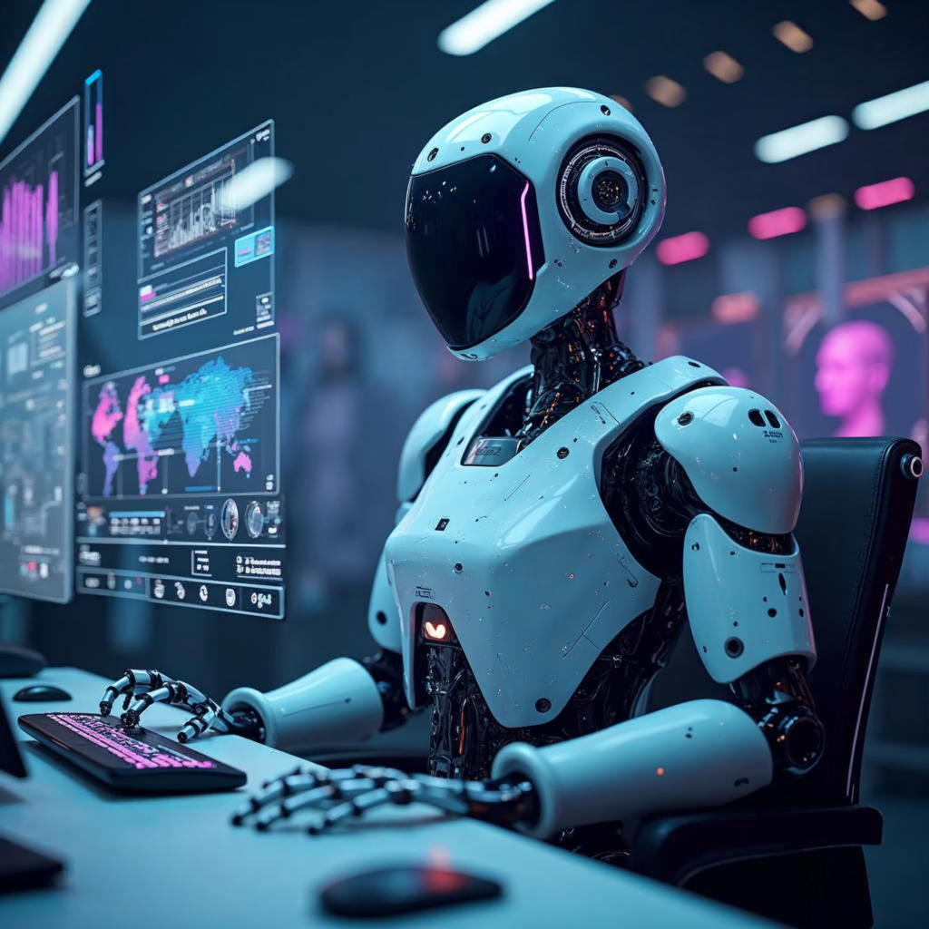 Futuristic autonomous AI agent managing multiple digital tasks on holographic screens in 2026