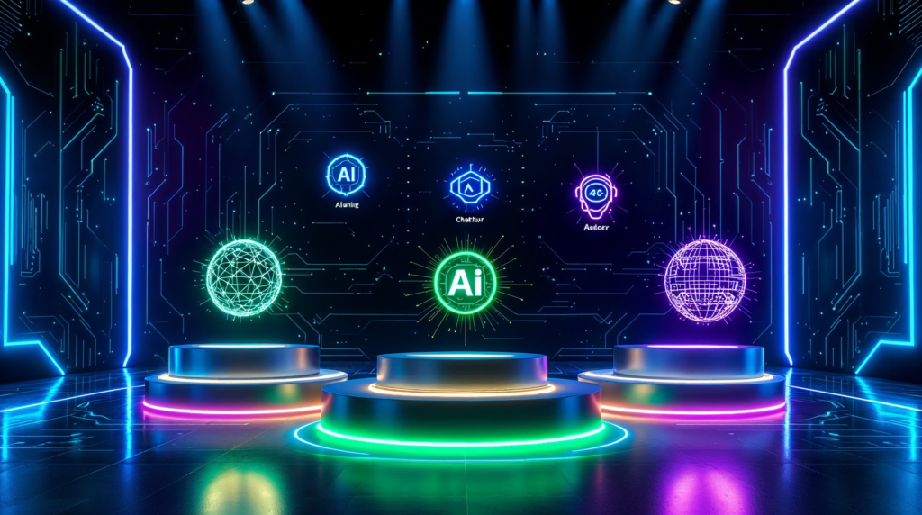 Futuristic AI model leaderboard showing Claude Opus 4.6 and GPT-5.4 competing with holographic tech displays in 2026