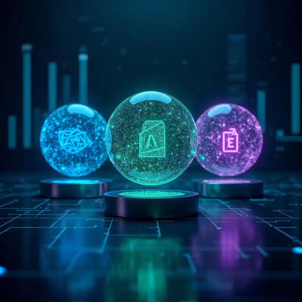 Three competing AI models as glowing holographic orbs representing GPT-5.4, Gemini 3.1 Ultra, and Claude Opus 4.6 in futuristic digital space