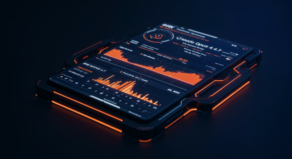 Claude Opus 4.7 futuristic AI dashboard showing SWE-bench benchmarks and performance metrics April 2026