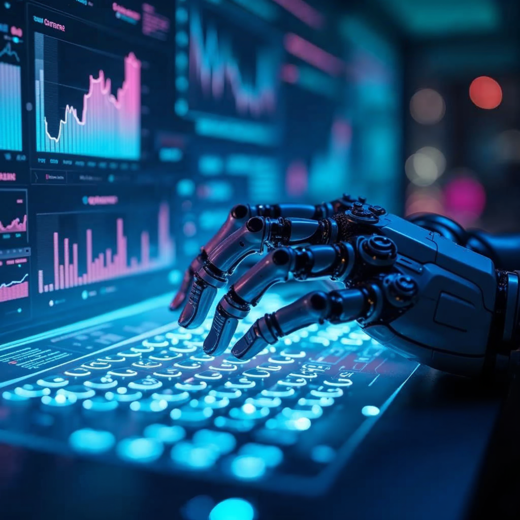 Futuristic AI robot using a holographic computer interface representing GPT-5.5 surpassing human performance on OSWorld benchmark